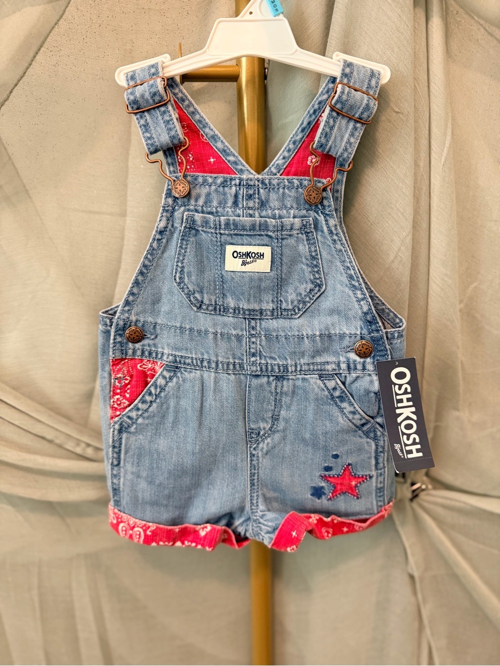 OshKosh B'gosh Light Blue Denim Shortalls with Red Bandana Accents